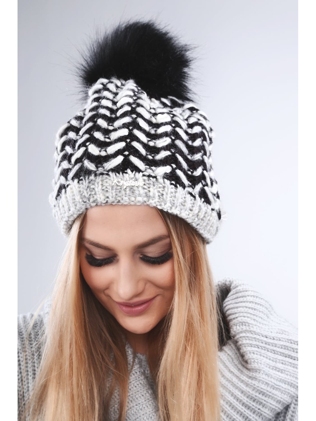 Black herringbone winter hat C13 - Online store - Boutique